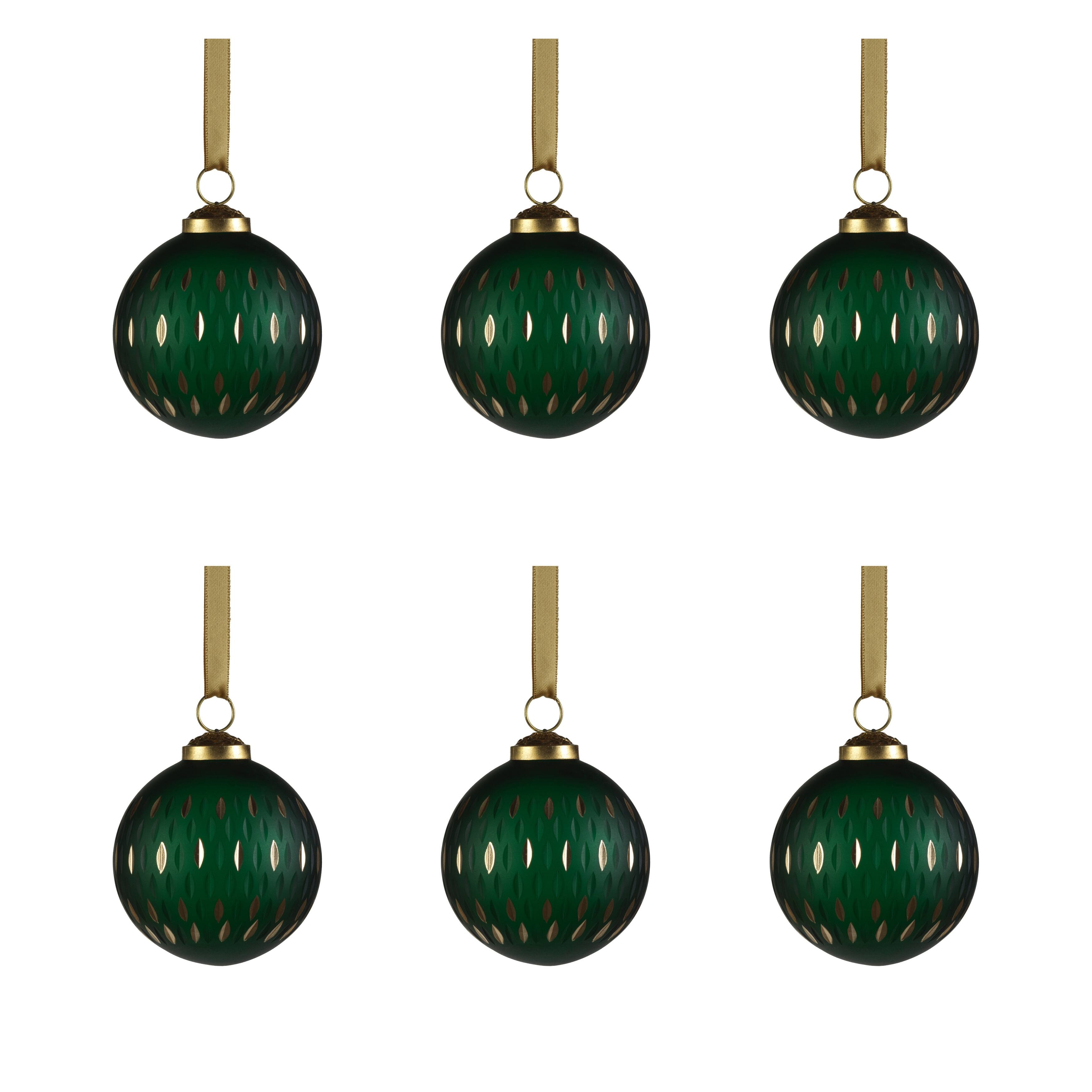 3" Green Frosted & Etched in Gold Glass Ornament 3", Set of 6 Bed
